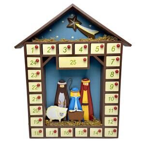 Nativity Scene Advent Calendar 25 Boxes Doors Wooden Manger Christmas Countdown